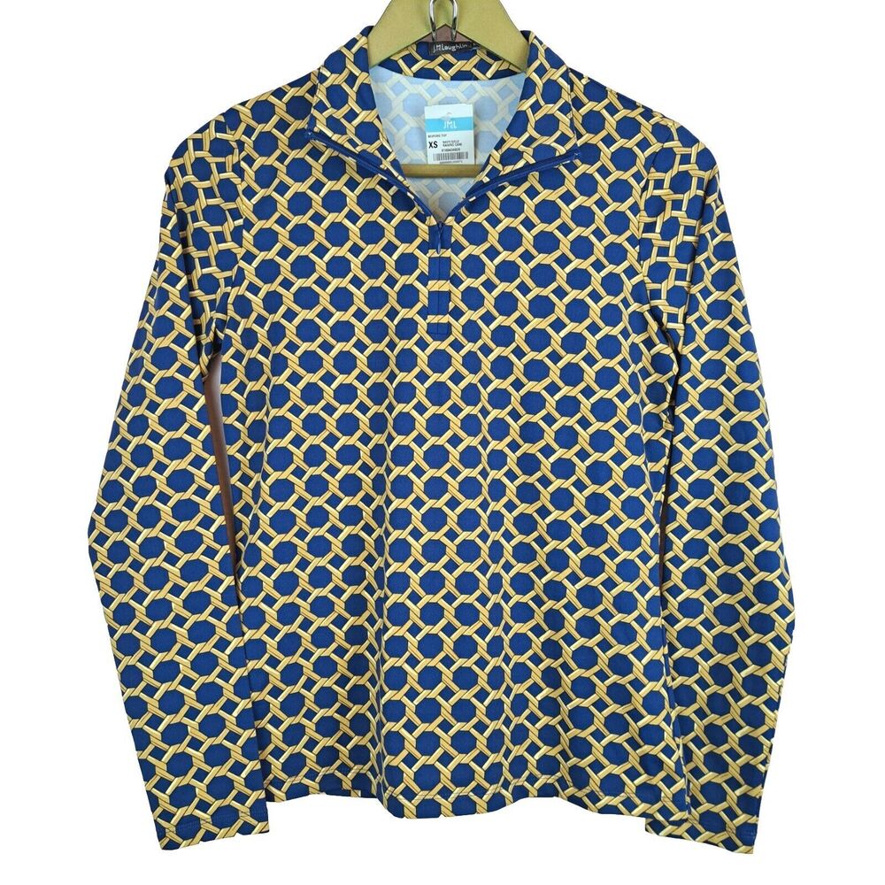 NEW J. McLaughlin Bedford Top Raising Cane blue and gold chain print 1/4 zip XS
